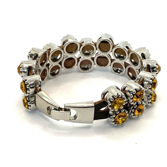 Bracelet Yellow Crystal Sliding Beads Brown Leather Silver Tone Clasp Statement - Picture 2 of 12